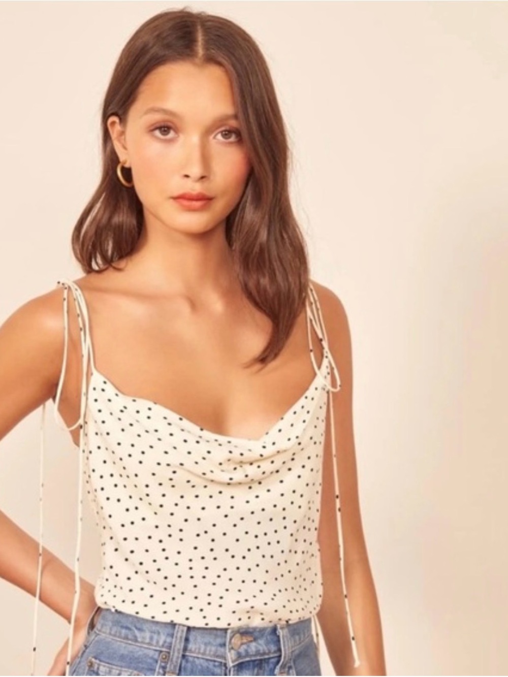 Reformation Cream & Black Polka Dot Cowl Neck Tie-Strap Cami